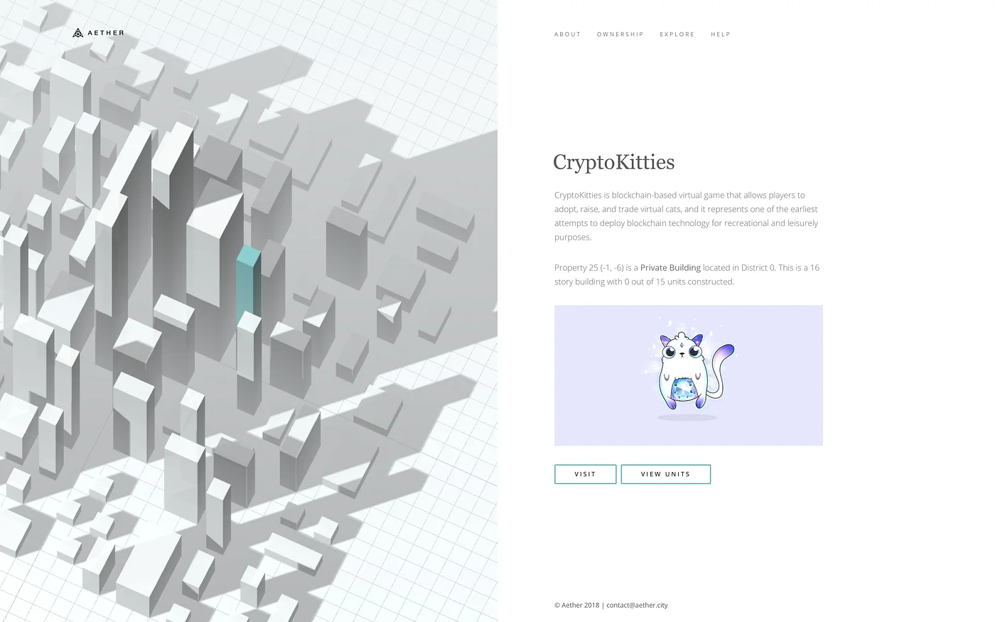 Property 25, a private building in District 0 dedicated to CryptoKitties, shown in the 2018 Aether client